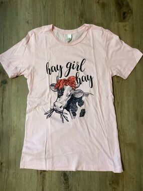 Bella Canvas Pink 'Hay Girl Hay' Cow Graphic Tee with Red Bow Accent